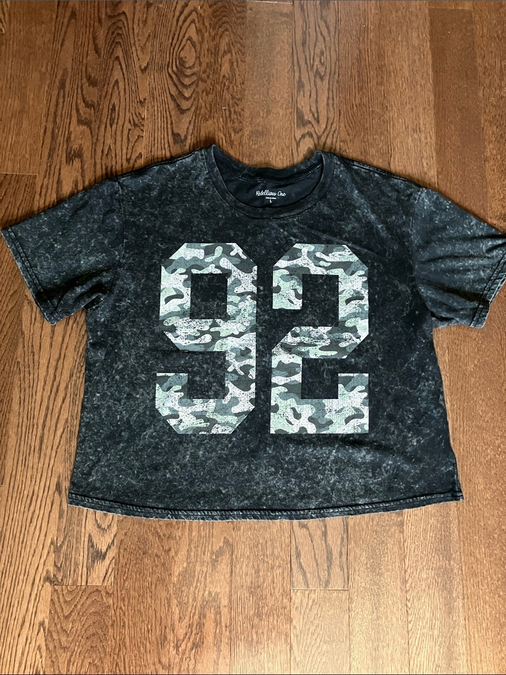 Rebellion Black Mineral-Wash Crop Top with Camouflage '92' Graphic & FREE GIFTS